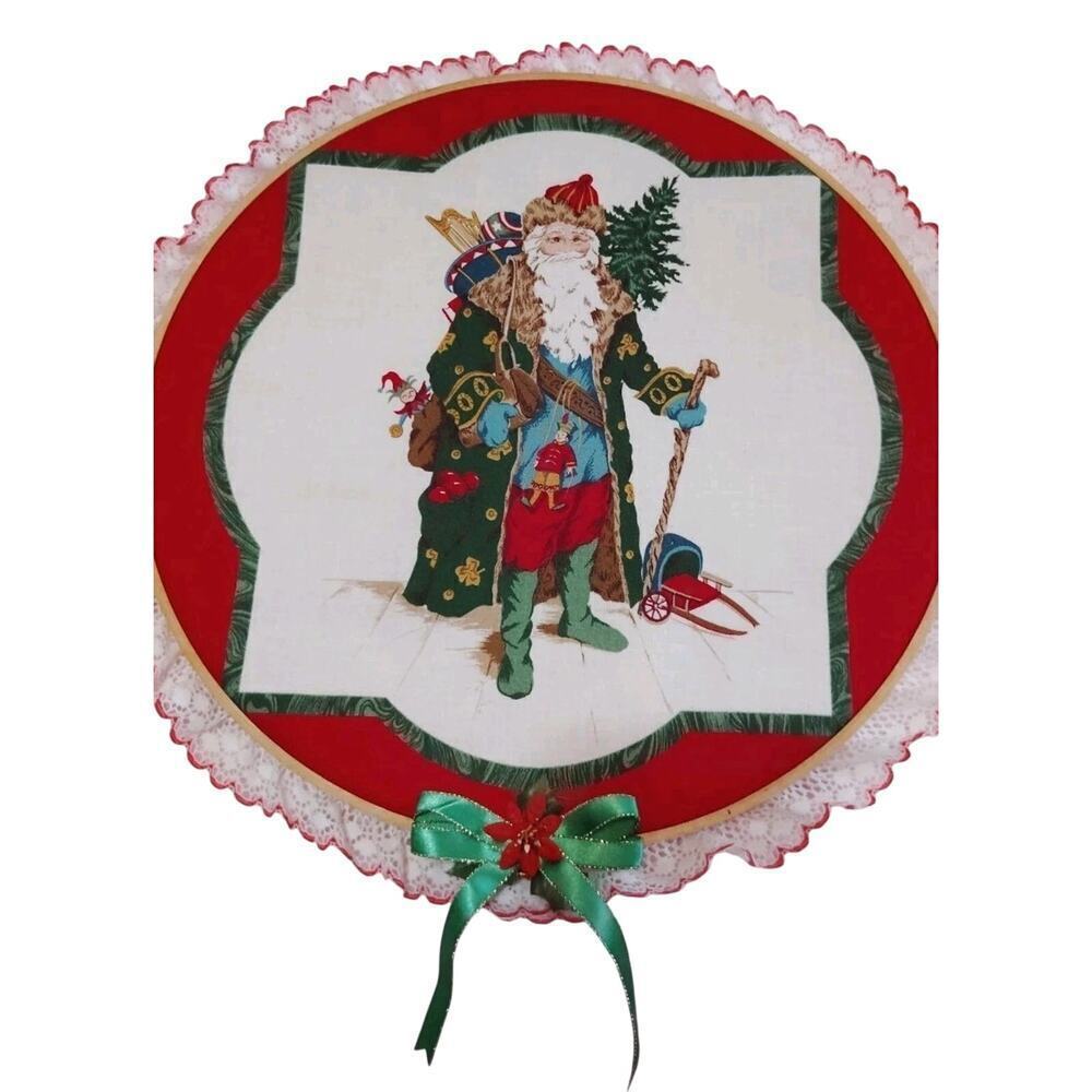 Christmas Decor Round Embroidery Hoop Wall Hanging Santa Vintage